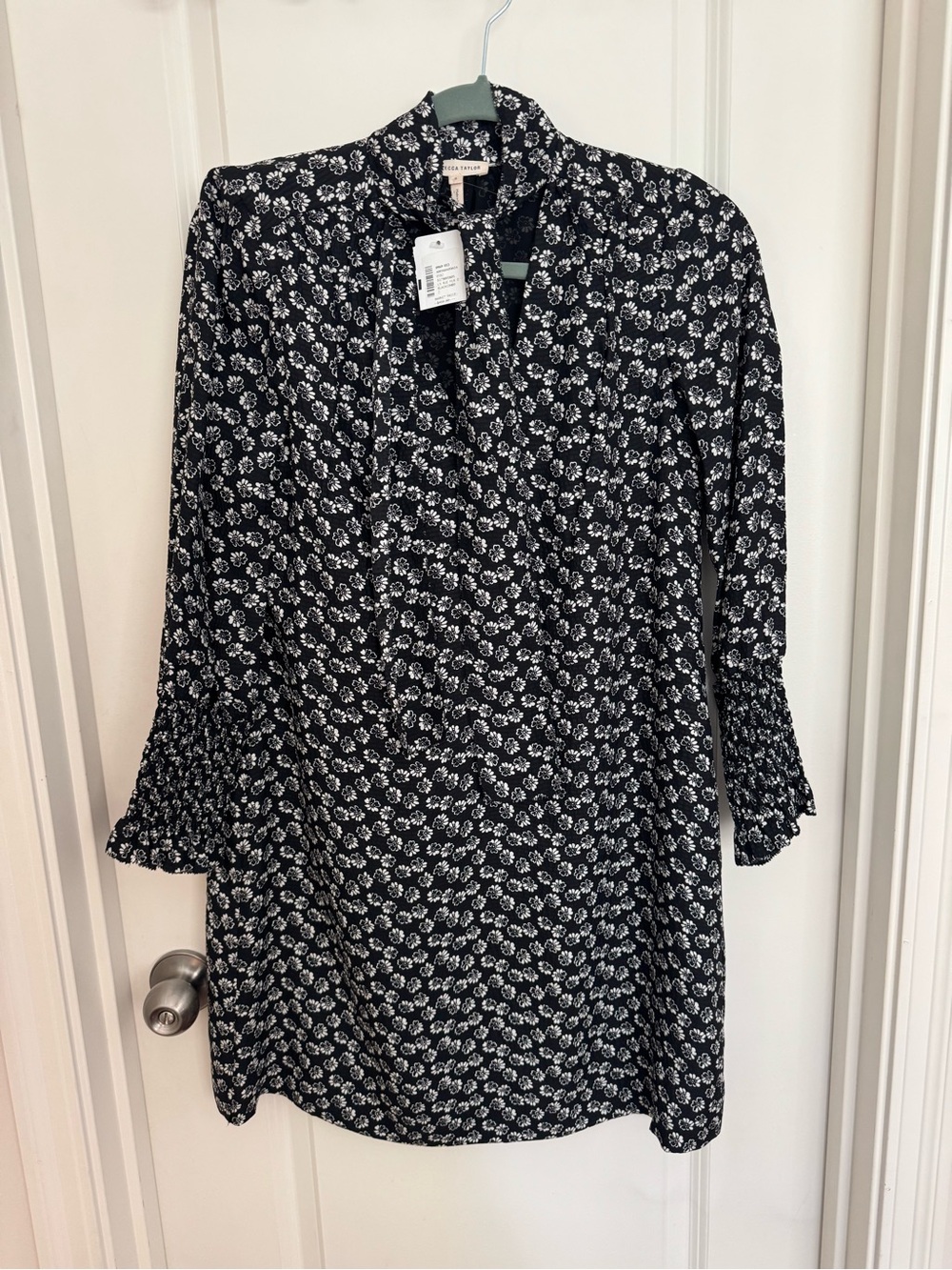 Rebecca Taylor Black and White Floral Tie-Neck Dress